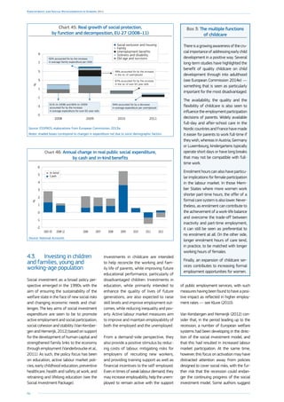 66
Employment and Social Developments in Europe 2014
Chart 45: Real growth of social protection,
by function and decomposition, EU-27 (2008–11)
-5
-3
-1
1
3
%
5
7
9
2011201020092008
92% accounted for by the increase
in average family expenditure per child
99% accounted for by the increase
in the no. of unemployed
61% (in 2008) and 66% (in 2009)
accounted for by the increase
in average expenditure for over 65 year-olds
94% accounted for by a decrease
in average expenditure per unemployed
87% accounted for by the increase
in the no. of over 65 year-olds
Social exclusion and housing
Family
Unemployment benefits
Sickness and disability
Old age and survivors
Source: ESSPROS, elaborations from European Commission, 2013a.
Notes: shaded boxes correspond to changes in expenditure not due to socio-demographic factors.
Chart 46: Annual change in real public social expenditure,
by cash and in-kind benefits
-2
-1
0
1
2
3
4
%
5
6
20122011201020092008200720062008-122001-05
In kind
Cash
Source: National Accounts.
4.3.	 Investing in children
and families, young and
working-age population
Social investment as a broad policy per-
spective emerged in the 1990s with the
aim of ensuring the sustainability of the
welfare state in the face of new social risks
and changing economic needs and chal-
lenges. The key aims of social investment
expenditure are seen to be to promote
active employment and social participation,
social cohesion and stability (Van Kersber-
gen and Hemerijk, 2012) based on support
for the development of human capital and
strengthened family links to the economy
through employment (Vanderbroucke et al.,
2011). As such, the policy focus has been
on education, active labour market poli-
cies, early childhood education, preventive
healthcare, health and safety at work, and
retraining and lifelong education (see the
Social Investment Package).
Investments in childcare are intended
to help reconcile the working and fam-
ily life of parents, while improving future
educational performance, particularly of
disadvantaged children. Investments in
education, while primarily intended to
enhance the quality of lives of future
generations, are also expected to raise
skill levels and improve employment out-
comes, while reducing inequality and pov-
erty. Active labour market measures aim
to improve and maintain employability of
both the employed and the unemployed.
Box 3: The multiple functions
of childcare
Thereisagrowingawarenessofthecru-
cial importance of addressing early child
development in a positive way. Several
long-term studies have highlighted the
benefit of quality childcare on child
development through into adulthood
(see European Commission 2014e) —
something that is seen as particularly
important for the most disadvantaged.
The availability, the quality and the
flexibility of childcare is also seen to
influence the employment participation
decisions of parents. Widely available
full-day and after-school care in the
Nordic countries and France have made
it easier for parents to work full-time if
they wish, whereas in Austria, Germany
or Luxembourg, kindergartens typically
operate short days or have long breaks
that may not be compatible with full-
time work.
Enrolment hours can also have particu-
lar implications for female participation
in the labour market. In those Mem-
ber States where more women work
shorter part-time hours, the offer of a
formal care system is also lower. Never-
theless, as enrolment can contribute to
the achievement of a work-life balance
and overcome the trade-off between
inactivity and part-time employment,
it can still be seen as preferential to
no enrolment at all. On the other side,
longer enrolment hours of care tend,
in practice, to be matched with longer
working hours of females.
Finally, an expansion of childcare ser-
vices contributes to increasing formal
employment opportunities for women.
From a demand-side perspective, they
also provide a positive stimulus by reduc-
ing costs of labour, mitigating risks for
employers of recruiting new workers,
and providing training support as well as
financial incentives to the self-employed.
Even in times of weak labour demand, they
may increase employability, help the unem-
ployed to remain active with the support
of public employment services, with such
measures having been found to have a posi-
tive impact as reflected in higher employ-
ment rates — see Kluve (2010).
Van Kersbergen and Hemerijk (2012) con-
sider that, in the period leading up to the
recession, a number of European welfare
systems had been developing in the direc-
tion of the social investment model, and
that this had resulted in increased labour
market participation. At the same time,
however, this focus on activation may have
distracted attention away from policies
designed to cover social risks, with the fur-
ther risk that the recession could endan-
ger the continuing progress of the social
investment model. Some authors suggest
 