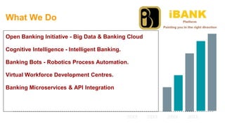 What We Do
Open Banking Initiative - Big Data & Banking Cloud
Cognitive Intelligence - Intelligent Banking.
Banking Bots - Robotics Process Automation.
Virtual Workforce Development Centres.
Banking Microservices & API Integration
20XX 20XX 20XX 20XX
 