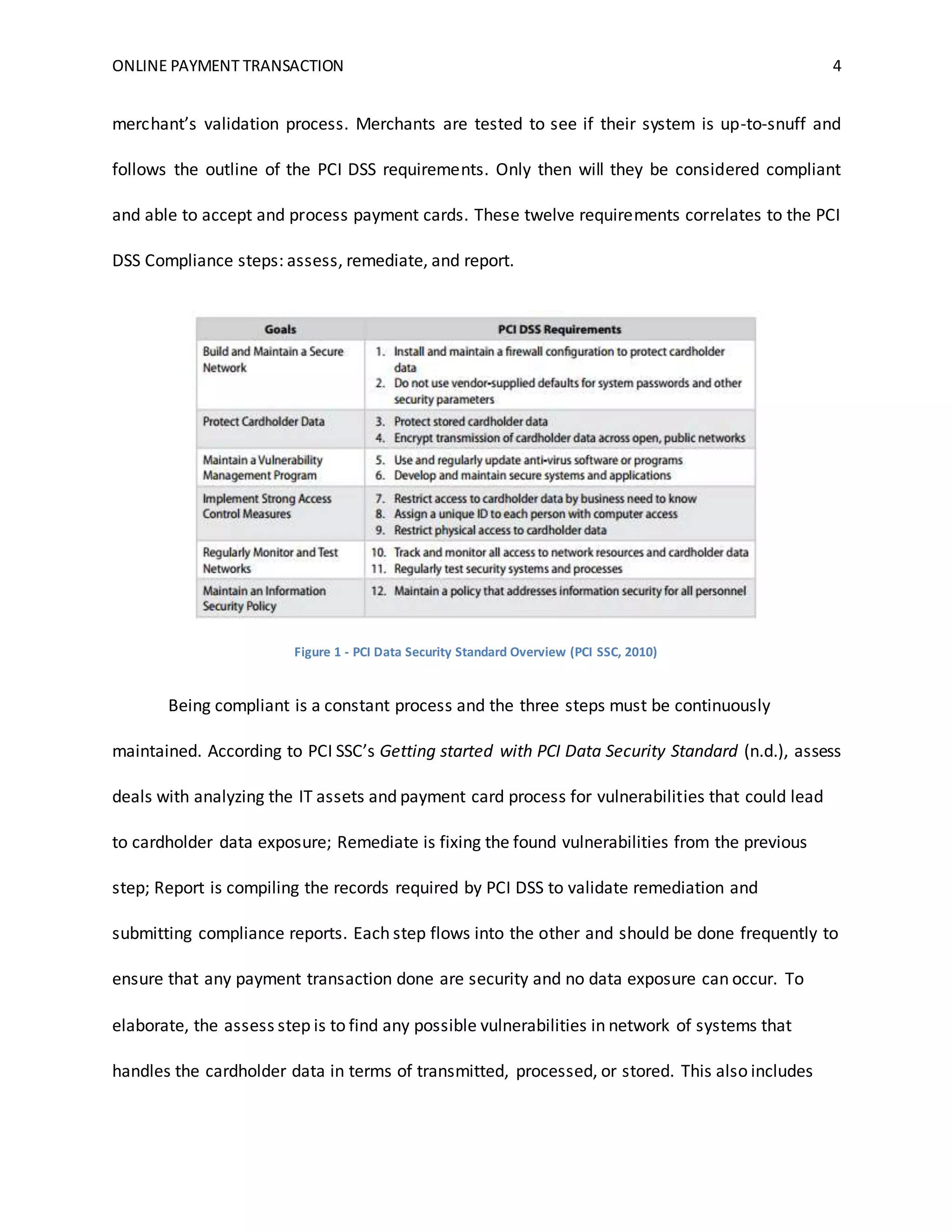 ONLINE PAYMENT TRANSACTION 4
merchant’s validation process. Merchants are tested to see if their system is up-to-snuff and
follows the outline of the PCI DSS requirements. Only then will they be considered compliant
and able to accept and process payment cards. These twelve requirements correlates to the PCI
DSS Compliance steps: assess, remediate, and report.
Figure 1 - PCI Data Security Standard Overview (PCI SSC, 2010)
Being compliant is a constant process and the three steps must be continuously
maintained. According to PCI SSC’s Getting started with PCI Data Security Standard (n.d.), assess
deals with analyzing the IT assets and payment card process for vulnerabilities that could lead
to cardholder data exposure; Remediate is fixing the found vulnerabilities from the previous
step; Report is compiling the records required by PCI DSS to validate remediation and
submitting compliance reports. Each step flows into the other and should be done frequently to
ensure that any payment transaction done are security and no data exposure can occur. To
elaborate, the assess step is to find any possible vulnerabilities in network of systems that
handles the cardholder data in terms of transmitted, processed, or stored. This also includes
 