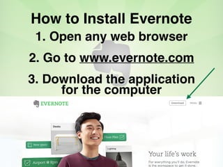 How to Install Evernote
1. Open any web browser
2. Go to www.evernote.com
3. Download the application
for the computer
 