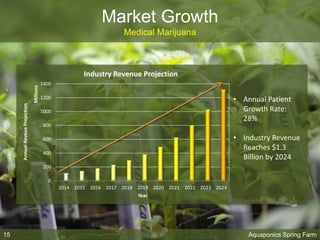 Market Growth
Medical Marijuana
0
200
400
600
800
1000
1200
1400
2014 2015 2016 2017 2018 2019 2020 2021 2022 2023 2024
AnnualReveueProjection
Millions
Year
Industry Revenue Projection
• Annual Patient
Growth Rate:
28%
• Industry Revenue
Reaches $1.3
Billion by 2024
Aquaponics Spring Farm15
 
