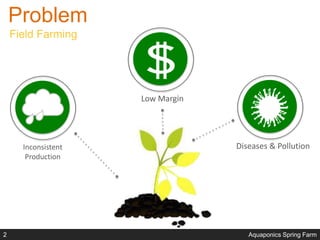Problem
Field Farming
Inconsistent
Production
Low Margin
Diseases & Pollution
Aquaponics Spring Farm2
 