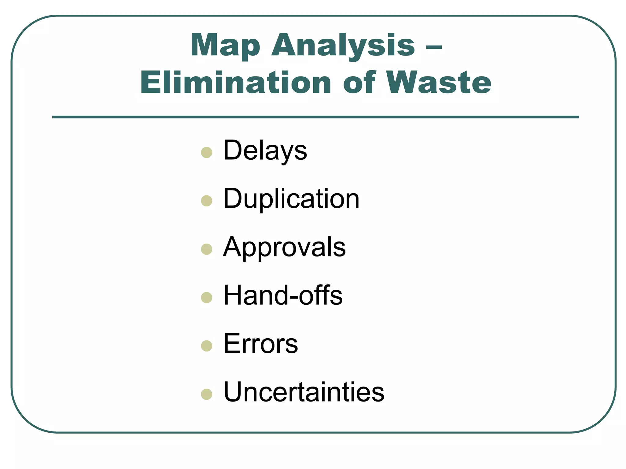 Map Analysis –
Elimination of Waste
 Delays
 Duplication
 Approvals
 Hand-offs
 Errors
 Uncertainties
 