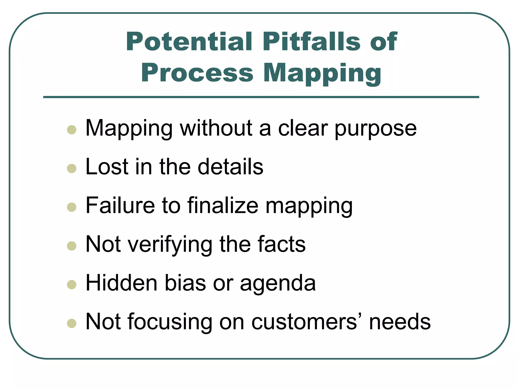 Potential Pitfalls of
Process Mapping
 Mapping without a clear purpose
 Lost in the details
 Failure to finalize mapping
 Not verifying the facts
 Hidden bias or agenda
 Not focusing on customers’ needs
 