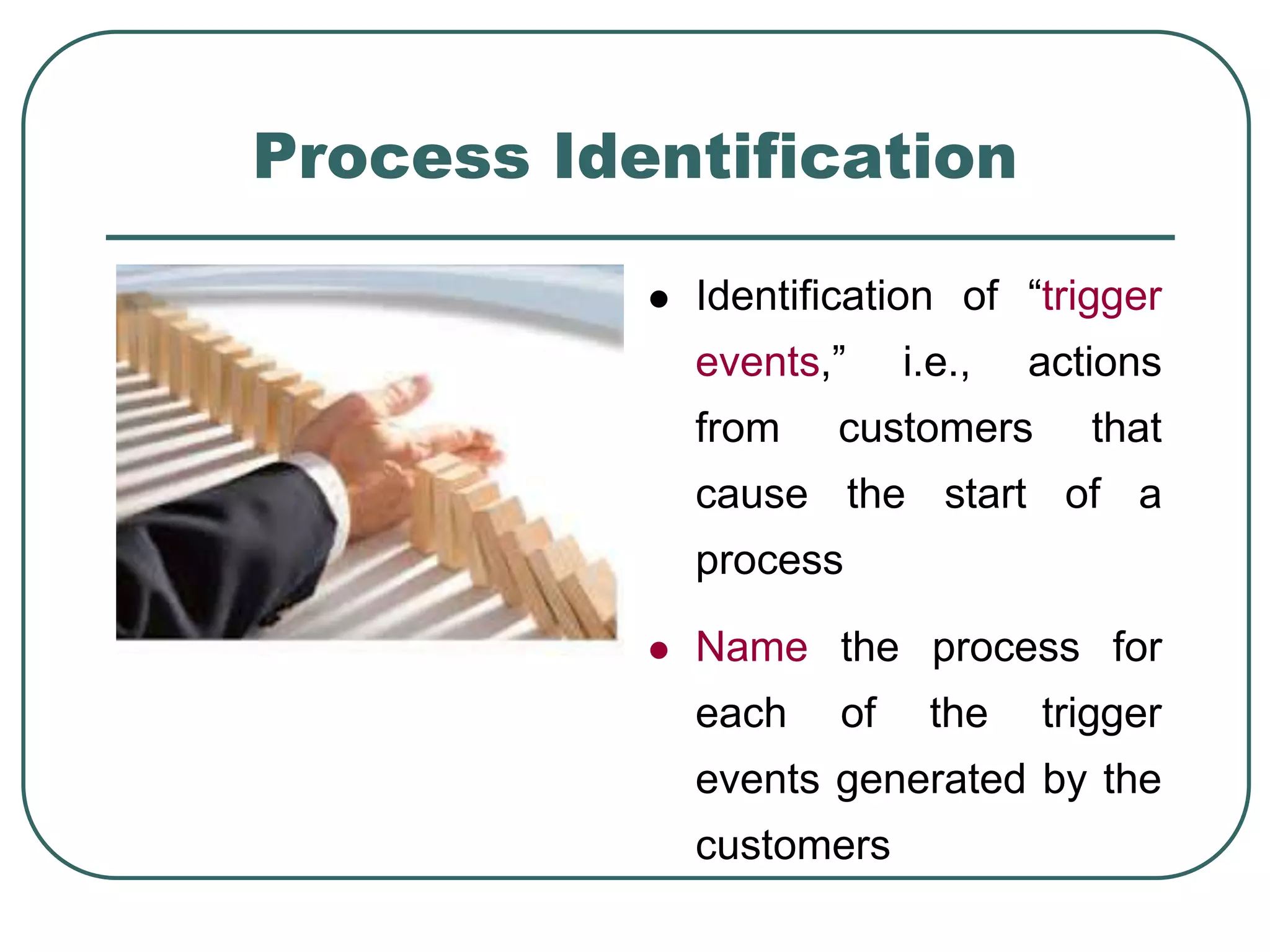 Process Identification
 Identification of “trigger
events,” i.e., actions
from customers that
cause the start of a
process
 Name the process for
each of the trigger
events generated by the
customers
 