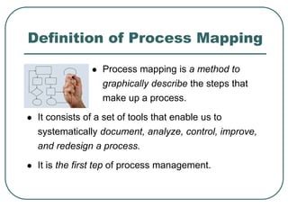 Definition of Process Mapping
 Process mapping is a method to
graphically describe the steps that
make up a process.
 It consists of a set of tools that enable us to
systematically document, analyze, control, improve,
and redesign a process.
 It is the first tep of process management.
 