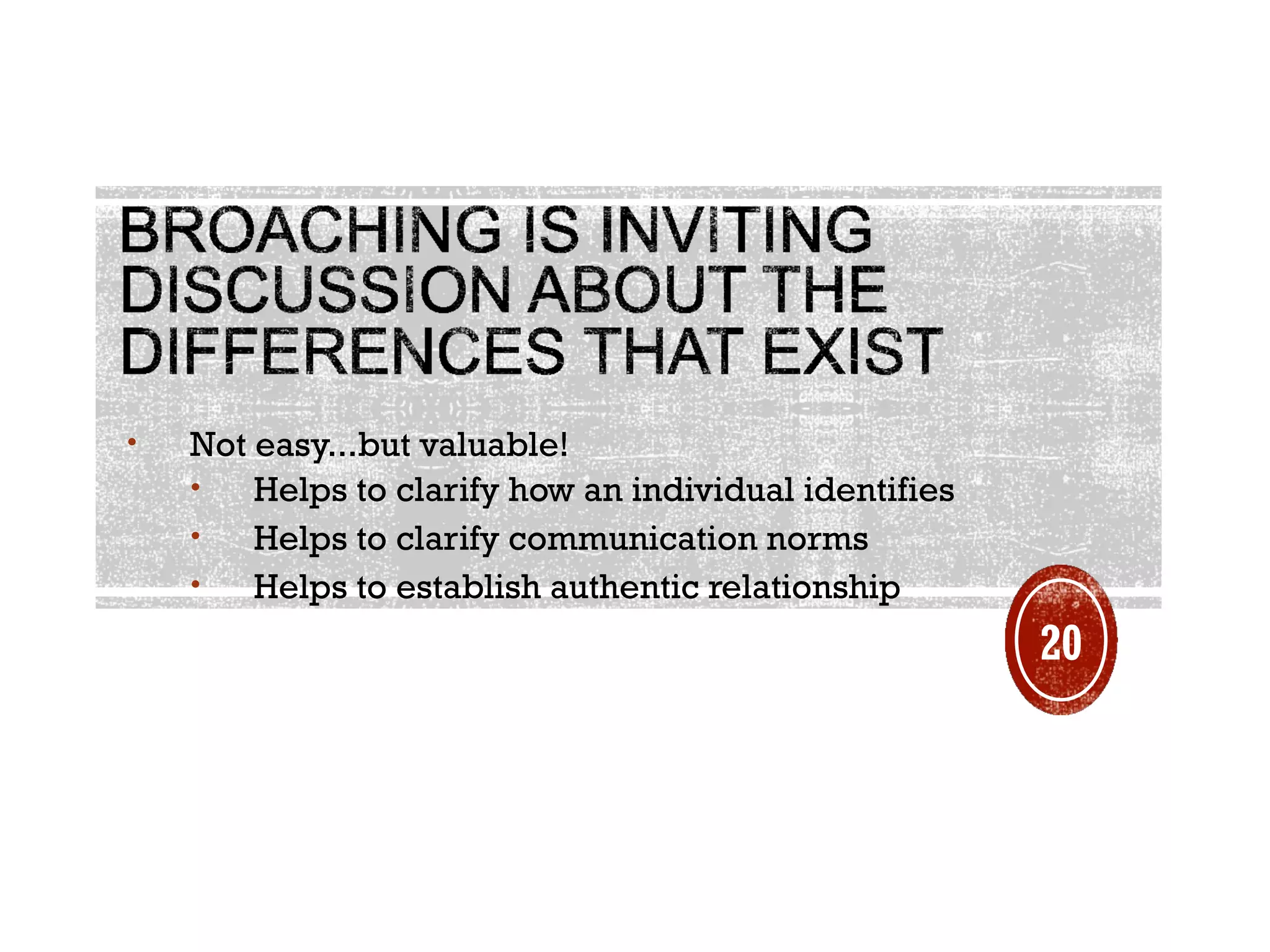 • Not easy...but valuable!
• Helps to clarify how an individual identifies
• Helps to clarify communication norms
• Helps to establish authentic relationship
20
 