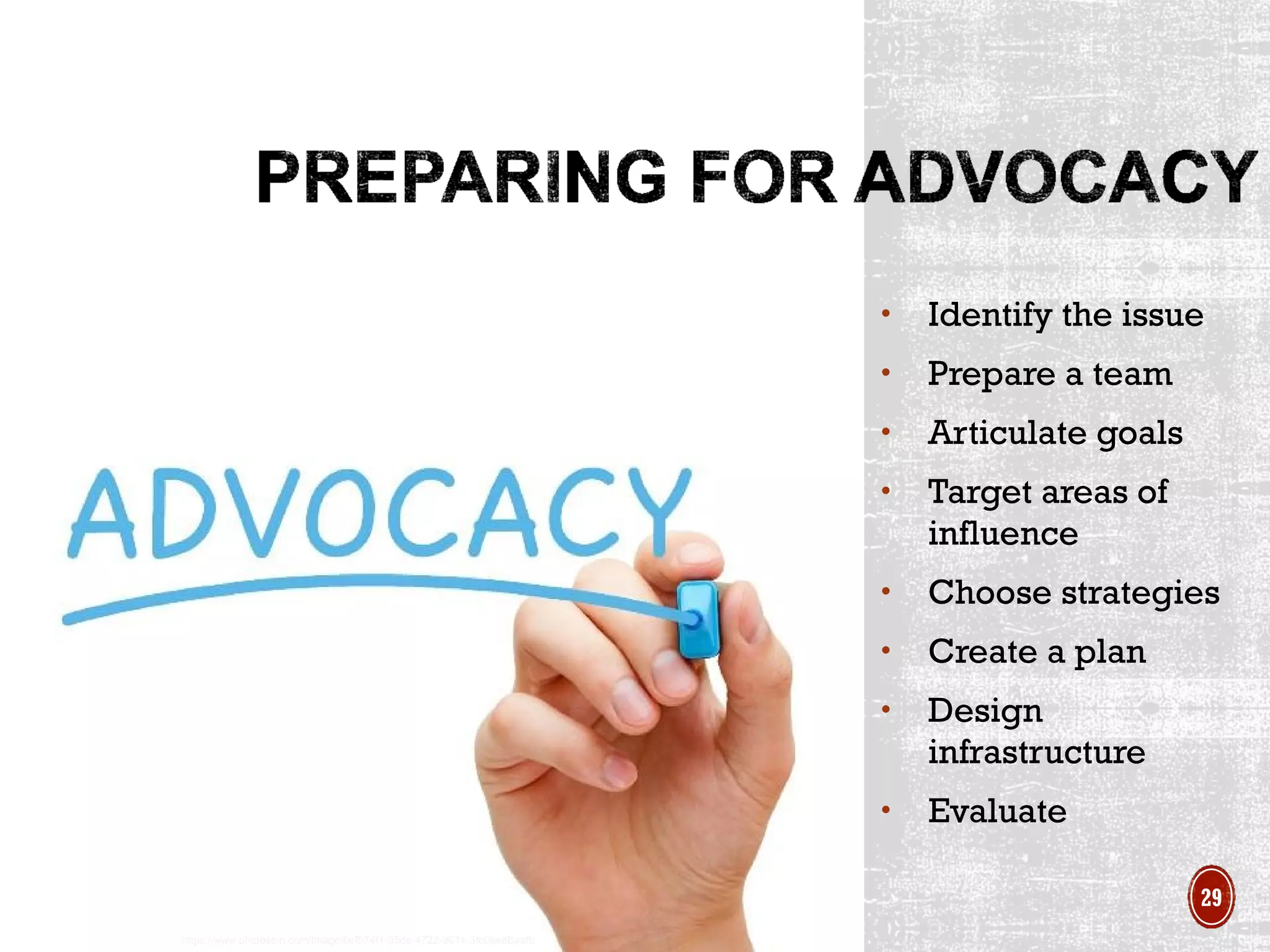 • Identify the issue
• Prepare a team
• Articulate goals
• Target areas of
influence
• Choose strategies
• Create a plan
• Design
infrastructure
• Evaluate
https://www.photospin.com/Image/6ef574f1-95de-4722-9614-3fc06e86aafb
29
 