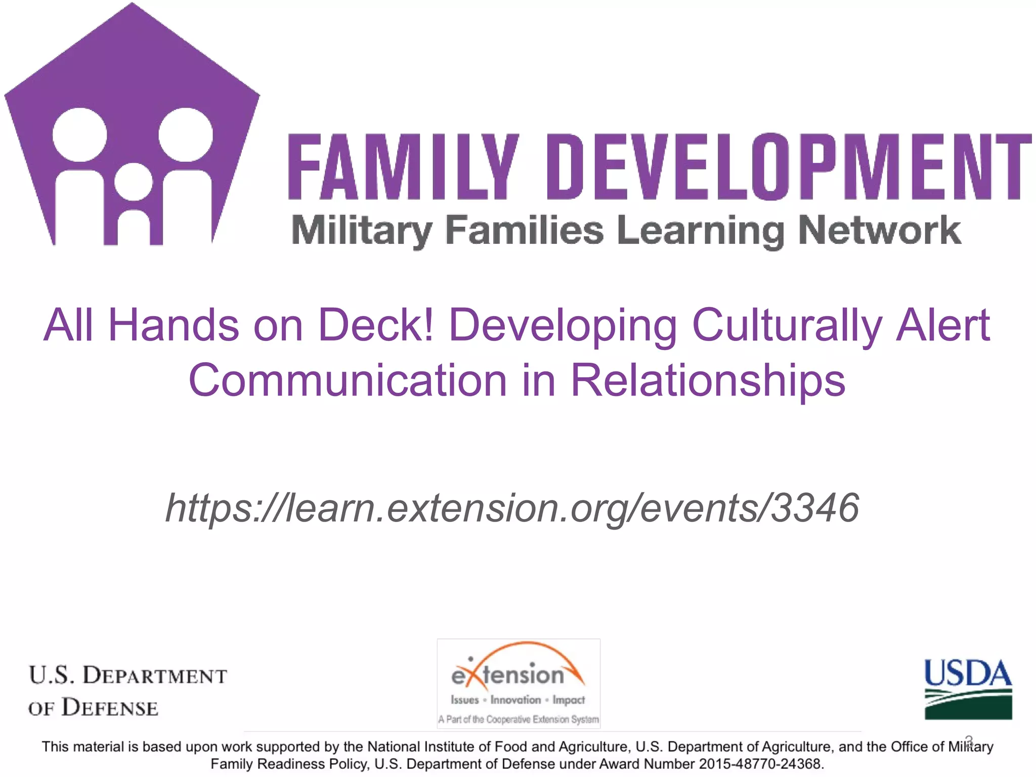 FD Title
https://learn.extension.org/events/3346
All Hands on Deck! Developing Culturally Alert
Communication in Relationships
3
 