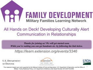 FD Title
https://learn.extension.org/events/3346
All Hands on Deck! Developing Culturally Alert
Communication in Relationships
Thanks for joining us! We will get started soon.
While you’re waiting you can get handouts etc. by following the link below.
1
 