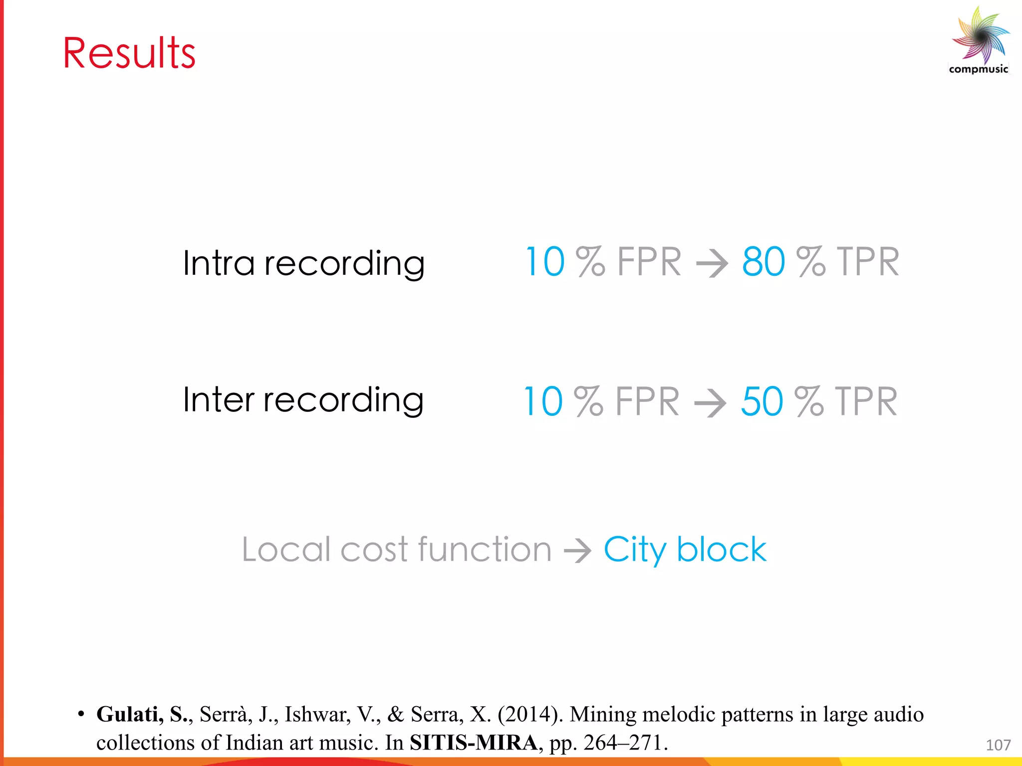 C _a _
AageU eYWbeX]a[
AagYe eYWbeX]a[
+ >GI à 2 KGI
+ >GI à / KGI
• Gulati, S., Serrà, J., Ishwar, V., & Serra, X. (2014). Mining melodic patterns in large audio
collections of Indian art music. In SITIS-MIRA, pp. 264–271.
CbWU_ Wbfg ZhaWg]ba à ]gl V_bW
107
 