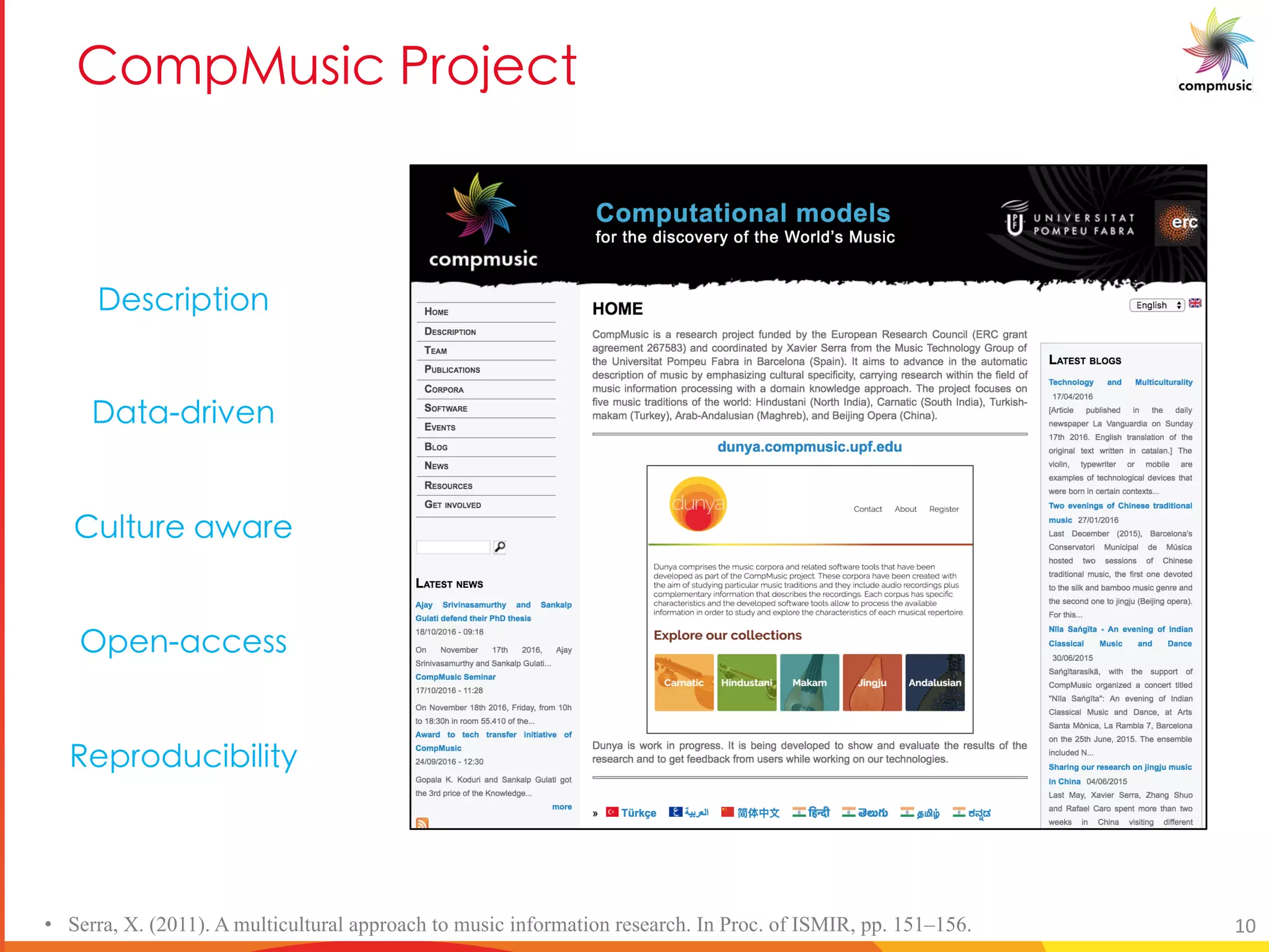 5[Y a_UO B [V O
• Serra, X. (2011). A multicultural approach to music information research. In Proc. of ISMIR, pp. 151–156.
<YfWe]cg]ba
<UgU Xe]iYa
h_gheY U UeY
FcYa UWWYff
IYcebXhW]V]_]gl
10
 