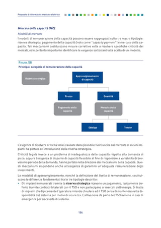 Mercato della capacità (MC)
Modelli di mercato
I modelli di remunerazione della capacità possono essere raggruppati sotto tre macro tipologie:
riserva strategica, pagamento della capacità (noto come “capacity payment”) e mercato della ca-
pacità. Tali meccanismi costituiscono misure correttive volte a risolvere specifiche criticità dei
mercati, ed è pertanto importante identificare le esigenze sottostanti alla scelta di un modello.
106
Proposte di riforma del mercato elettrico
Riserva strategica
Pagamento della
capacità
Mercato della
capacità
Approvvigionamento
di capacità
Prezzo Quantità
Obbligo Tender
FIGURA 58
Principali categorie di remunerazione della capacità
L’esigenza di risolvere criticità locali causate dalla possibile fuori uscita dal mercato di alcuni im-
pianti ha portato all’introduzione della riserva strategica.
Criticità legate invece a un problema di inadeguatezza delle capacità rispetto alla domanda di
picco, oppure l’esigenza di disporre di capacità flessibile al fine di rispondere a variabilità di bre-
vissimo periodo della domanda, hanno portato nella direzione dei meccanismi della capacità. Que-
sti meccanismi rispondono anche all’esigenza di garantire un’adeguata remunerazione degli
investimenti.
Le modalità di approvvigionamento, nonché la definizione del livello di remunerazione, costitui-
scono le differenze fondamentali tra le tre tipologie descritte:
• Gli impianti remunerati tramite la riserva strategica ricevono un pagamento, tipicamente de-
finito tramite contratti bilaterali con il TSO e non partecipano ai mercati dell’energia. Si tratta
di impianti che tipicamente l’operatore intende chiudere ed il TSO cerca di mantenere nella di-
sponibilità del sistema per motivi di sicurezza. L’attivazione da parte del TSO avviene in casi di
emergenza per necessità di sistema.
7_vol Prop Riforma v8__ 16/09/15 15:17 Pagina 106
 