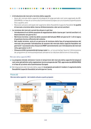 • L’introduzione dei mercati a termine della capacità:
- Avvio del mercato della capacità (strategica) di lungo periodo così come approvato da AE-
EGSI/MiSE e in fase di scrutinio alla Commissione Europea con un orizzonte di pianificazione
fino a quattro anni
- Revisione ed avvio anticipato del segmento della flessibilità (capacità flessibile) in qualità
di mercato a termine delle risorse di bilanciamento e dei servizi ancillari.
• La revisione dei mercati a pronti da attuare in più fasi:
- Introduzione di un’ultima sessione di negoziazione delle risorse per i servizi ancillari e il
bilanciamento nel giorno D-2
- Nel breve termine: conferma delle sessioni dell’attuale MSD nel giorno D-1 e D in logica
di gestione tecnica efficiente del sistema
- Nel medio termine: avvio di un percorso di revisione della fase di programmazione del
mercato che preveda l’introduzione di sessioni del mercato della capacità flessibile nel
giorno D-1 successive alla chiusura di MGP coerentemente con l’introduzione dei mercati
infra-giornalieri in H-1
- Chiusura di MI in prossimità del tempo reale (es. un’ora prima) per favorire l’ottimizzazione
dei programmi di immissione/prelievo attraverso la riduzione dell’errore di forecasting.
Mercato della capacità (MC)
a) La proposta intende stimolare l’avvio in tempi brevi del mercato della capacità (strategica)
così come già definito nella regolazione tecnica preparata dal TSO, approvata da AEEGSI/MSE
e in fase di scrutinio alla Commissione Europea
b) Ad integrazione del mercato della capacità la proposta prevede di rivedere il segmento della
flessibilità (capacità flessibile) ed anticiparne l’avvio.
117
Capitolo 7
?
2015 2020 2015 20202017/2018
Aste per
capacità
strategica
Capacità
strategica
vs
Capacità
ﬂessibile
Asteper
capacità
strategica
Capacità
ﬂessibile
Capacità
strategica
Anticipazione
nuovo disegno
Progressiva
riduzione del ruolo
di MSD
In corso revisione dei
mercati MSD ed MB
in termini di
tempistiche, servizi e
prodotti
Modello attuale Modello proposto
FIGURA 62
Mercato della capacità – dal modello attuale a quello proposto
7_vol Prop Riforma v8__ 16/09/15 15:17 Pagina 117
 