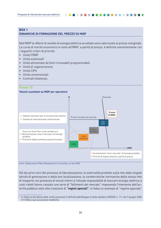 24
Proposte di riforma del mercato elettrico
BOX 1
DINAMICHE DI FORMAZIONE DEL PREZZO SU MGP
Nell’MGP le offerte di vendita di energia elettrica accettate sono valorizzate al prezzo marginale.
La curva di merito economico in esito all’MGP, a parità di prezzo, è definita coerentemente con
i seguenti criteri di priorità:
• Unità FRNP
• Unità essenziali1
• Unità alimentate da fonti rinnovabili programmabili
• Unità di cogenerazione
• Unità CIP6
• Unità convenzionali
• Contratti bilaterali.
Già dai primi anni del processo di liberalizzazione, le esternalità prodotte sulla rete dalle singole
attività di generazione e dalla loro localizzazione, le caratteristiche intrinseche della stessa rete
di trasporto con presenza di vincoli interni e l’attuale impossibilità di stoccare energia elettrica a
costi ridotti hanno causato una serie di “fallimenti del mercato” imponendo l’intervento dell’au-
torità pubblica volto alla creazione di “regimi speciali”. In Italia un esempio di “regime speciale”
Prezzo formato sul mercato
MWh
CHP /
CCGT
Carbone –
biomassa
Domanda
Focus sui Costi Fissi. Costi variabili 0
• Remunerazione «fuori-mercato» all’energia
prodotta
• Priorità di dispacciamento a parità di prezzo
• Impianti necessari per la sicurezza del sistema
• Sistema di remunerazione amministrato
Prezzo
/MWh
•
•
Incentivazione “fuori-mercato” all’energia prodotta
Priorità di dispacciamento a parità di prezzo
FRNP
Unità
essenziali
€
FIGURA 13
Volumi scambiati su MGP per operatore
Fonte: Elaborazione Pӧyry Management Consulting su dati GME
1
In Italia la disciplina delle unità essenziali è definita dall’Allegato A della delibera AEEGSI n. 111 del 9 giugno 2006
(111/06) e sue successive modifiche.
2_vol Prop Riforma 8.5__ 16/09/15 15:11 Pagina 24
 