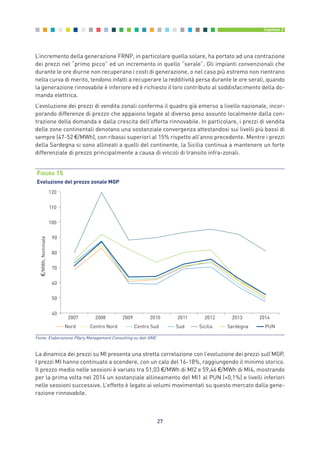 L’incremento della generazione FRNP, in particolare quella solare, ha portato ad una contrazione
dei prezzi nel “primo picco” ed un incremento in quello “serale”. Gli impianti convenzionali che
durante le ore diurne non recuperano i costi di generazione, o nel caso più estremo non rientrano
nella curva di merito, tendono infatti a recuperare la redditività persa durante le ore serali, quando
la generazione rinnovabile è inferiore ed è richiesto il loro contributo al soddisfacimento della do-
manda elettrica.
L’evoluzione dei prezzi di vendita zonali conferma il quadro già emerso a livello nazionale, incor-
porando differenze di prezzo che appaiono legate al diverso peso assunto localmente dalla con-
trazione della domanda e dalla crescita dell’offerta rinnovabile. In particolare, i prezzi di vendita
delle zone continentali denotano una sostanziale convergenza attestandosi sui livelli più bassi di
sempre (47-52 €/MWh), con ribassi superiori al 15% rispetto all’anno precedente. Mentre i prezzi
della Sardegna si sono allineati a quelli del continente, la Sicilia continua a mantenere un forte
differenziale di prezzo principalmente a causa di vincoli di transito infra-zonali.
27
Capitolo 2
40
50
60
70
80
90
100
110
120
2007 2008 2009 2010 2011 2012 2013 2014
/MWh,Nominale
Nord Centro Nord Centro Sud Sud Sicilia Sardegna PUN
FIGURA 15
Evoluzione del prezzo zonale MGP
Fonte: Elaborazione Pӧyry Management Consulting su dati GME
La dinamica dei prezzi su MI presenta una stretta correlazione con l’evoluzione dei prezzi sull’MGP.
I prezzi MI hanno continuato a scendere, con un calo del 16-18%, raggiungendo il minimo storico.
Il prezzo medio nelle sessioni è variato tra 51,03 €/MWh di MI2 e 59,46 €/MWh di MI4, mostrando
per la prima volta nel 2014 un sostanziale allineamento del MI1 al PUN (+0,1%) e livelli inferiori
nelle sessioni successive. L’effetto è legato ai volumi movimentati su questo mercato dalla gene-
razione rinnovabile.
2_vol Prop Riforma 8.5__ 16/09/15 15:11 Pagina 27
 