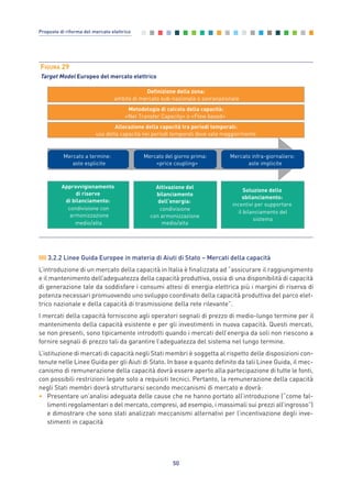 3.2.2 Linee Guida Europee in materia di Aiuti di Stato – Mercati della capacità
L’introduzione di un mercato della capacità in Italia è finalizzata ad “assicurare il raggiungimento
e il mantenimento dell’adeguatezza della capacità produttiva, ossia di una disponibilità di capacità
di generazione tale da soddisfare i consumi attesi di energia elettrica più i margini di riserva di
potenza necessari promuovendo uno sviluppo coordinato della capacità produttiva del parco elet-
trico nazionale e della capacità di trasmissione della rete rilevante”.
I mercati della capacità forniscono agli operatori segnali di prezzo di medio-lungo termine per il
mantenimento della capacità esistente e per gli investimenti in nuova capacità. Questi mercati,
se non presenti, sono tipicamente introdotti quando i mercati dell’energia da soli non riescono a
fornire segnali di prezzo tali da garantire l’adeguatezza del sistema nel lungo termine.
L’istituzione di mercati di capacità negli Stati membri è soggetta al rispetto delle disposizioni con-
tenute nelle Linee Guida per gli Aiuti di Stato. In base a quanto definito da tali Linee Guida, il mec-
canismo di remunerazione della capacità dovrà essere aperto alla partecipazione di tutte le fonti,
con possibili restrizioni legate solo a requisiti tecnici. Pertanto, la remunerazione della capacità
negli Stati membri dovrà strutturarsi secondo meccanismi di mercato e dovrà:
• Presentare un’analisi adeguata delle cause che ne hanno portato all’introduzione (“come fal-
limenti regolamentari o del mercato, compresi, ad esempio, i massimali sui prezzi all’ingrosso”)
e dimostrare che sono stati analizzati meccanismi alternativi per l’incentivazione degli inve-
stimenti in capacità
50
Proposte di riforma del mercato elettrico
FIGURA 29
Target Model Europeo del mercato elettrico
Metodologia di calcolo della capacità:
«Net Transfer Capacity» o «Flow based»
Definizione della zona:
ambito di mercato sub-nazionale o sovranazionale
Allocazione della capacità tra periodi temporali:
uso della capacità nei periodi temporali dove vale maggiormente
Approvvigionamento
di riserve
di bilanciamento:
condivisione con
armonizzazione
medio/alta
Attivazione del
bilanciamento
dell’energia:
condivisione
con armonizzazione
medio/alta
Mercato a termine:
aste esplicite
Mercato del giorno prima:
«price coupling»
Mercato infra-giornaliero:
aste implicite
Soluzione dello
sbilanciamento:
incentivi per supportare
il bilanciamento del
sistema
3_vol Prop Riforma 8.5__ 16/09/15 15:12 Pagina 50
 