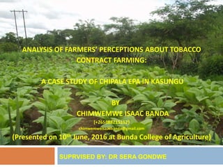 ANALYSIS OF FARMERS’ PERCEPTIONS ABOUT TOBACCO
CONTRACT FARMING:
A CASE STUDY OF CHIPALA EPA IN KASUNGU
BY
CHIMWEMWE ISAAC BANDA
[+265888215152]
chimwemweisaacbanda@gmail.com
(Presented on 10th June, 2016 at Bunda College of Agriculture)
SUPRVISED BY: DR SERA GONDWE
 