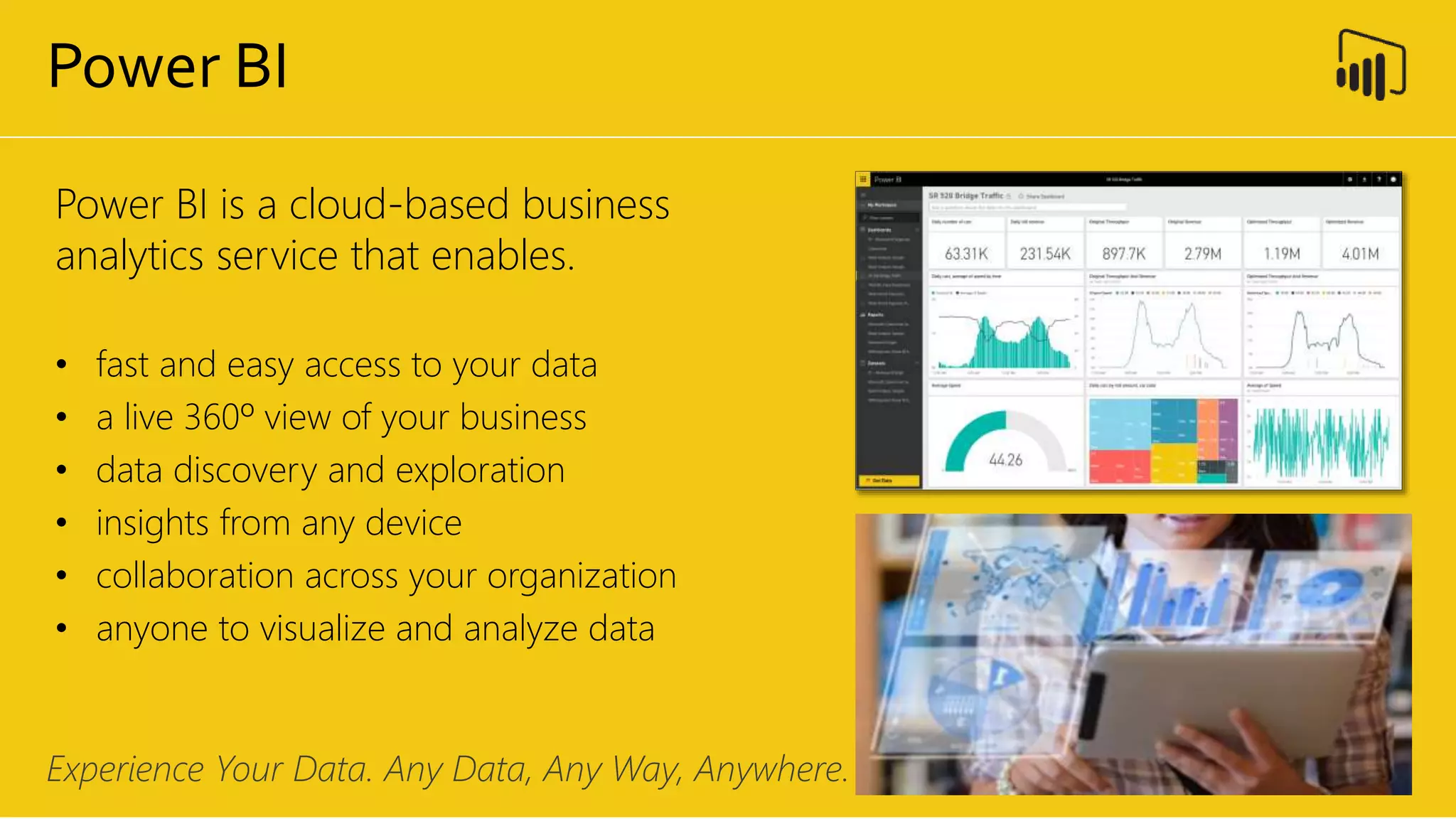 Feature
Power BI is a cloud-based business
analytics service that enables.
• fast and easy access to your data
• a live 360º view of your business
• data discovery and exploration
• insights from any device
• collaboration across your organization
• anyone to visualize and analyze data
Experience Your Data. Any Data, Any Way, Anywhere.
Power BI
 