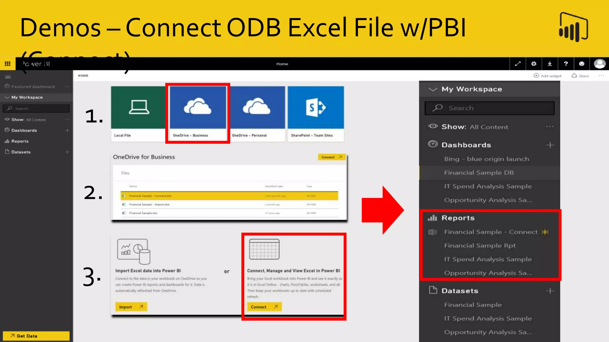 Demos – Connect ODB Excel File w/PBI
(Connect)
1.
2.
3.
 