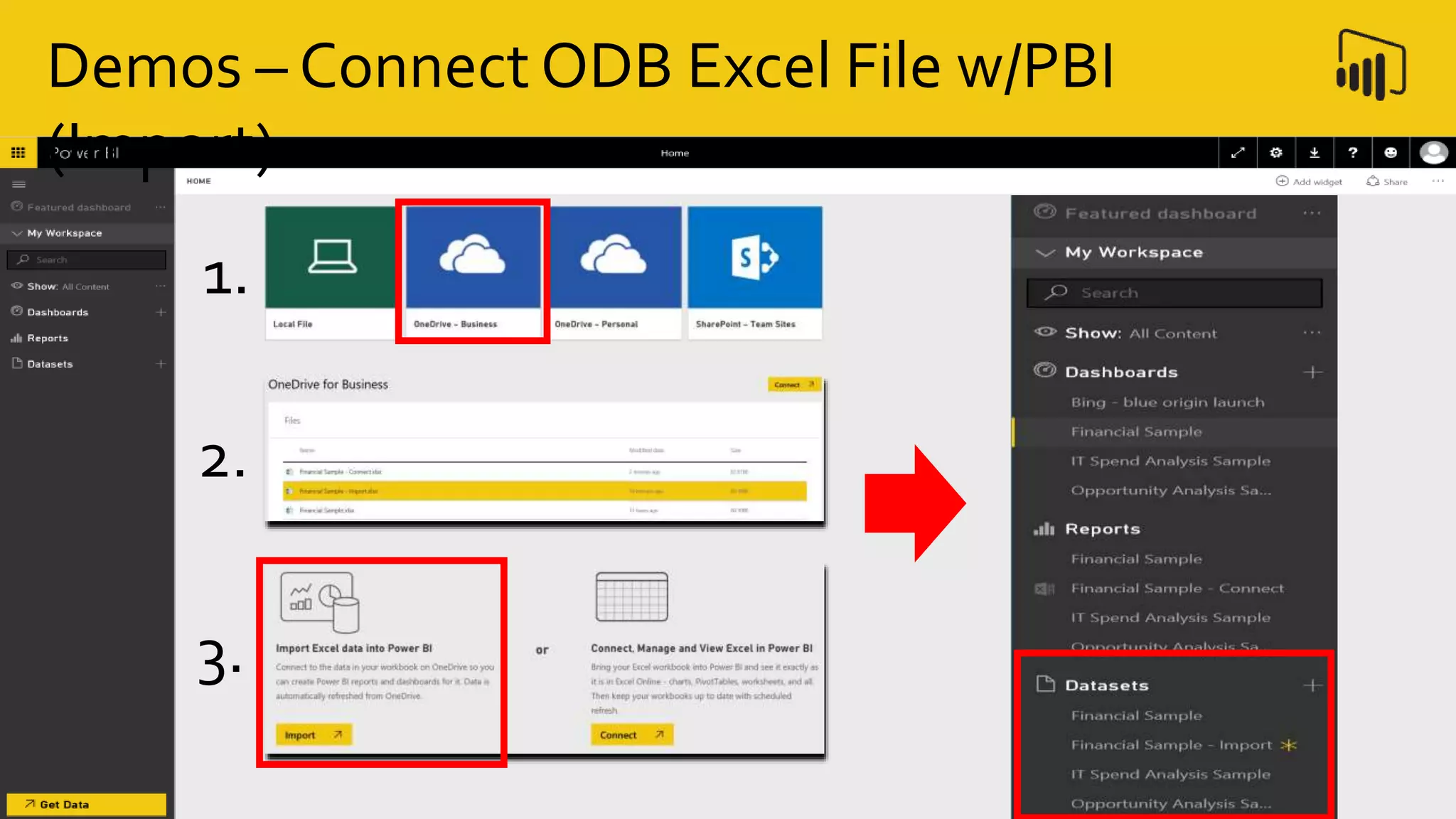 Demos – Connect ODB Excel File w/PBI
(Import)
1.
2.
3.
 