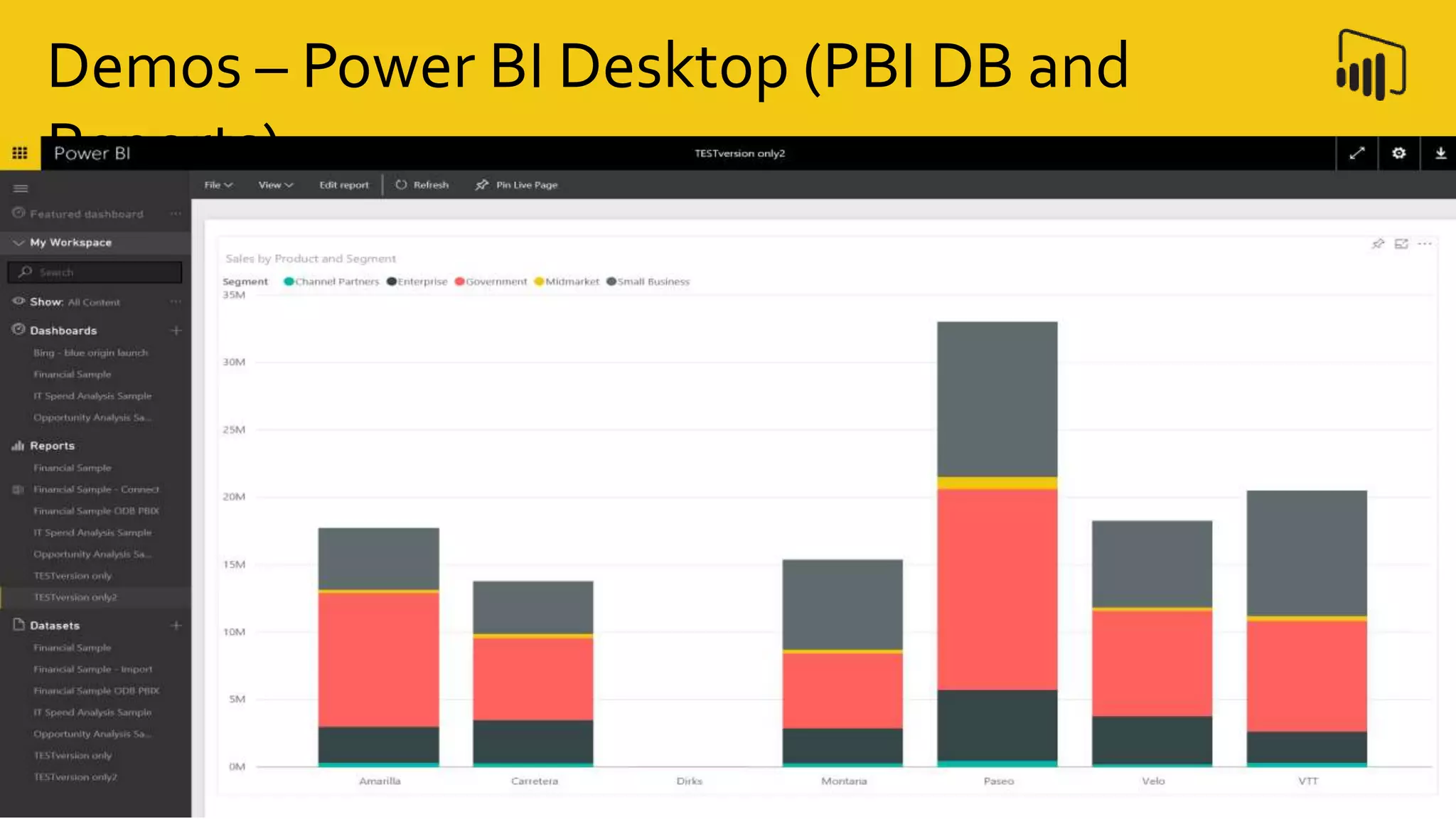 Demos – Power BI Desktop (PBI DB and
Reports)
 