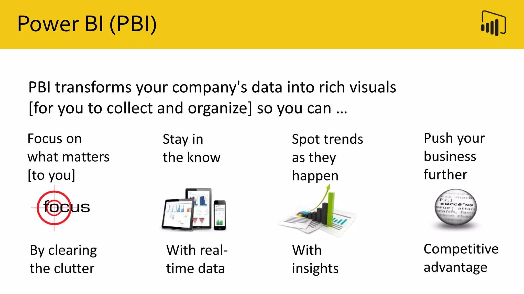 PBI transforms your company's data into rich visuals
[for you to collect and organize] so you can …
Power BI (PBI)
Focus on
what matters
[to you]
By clearing
the clutter
Stay in
the know
With real-
time data
Spot trends
as they
happen
With
insights
Push your
business
further
Competitive
advantage
 
