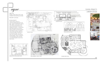 SCHOOL PROJECTS 
12 
OBJECTIVE: 
Design a public library that is code 
compliant and handicap accessible. 
PROGRAM: AUTOCAD 
DESIGN CONCEPT: 
Towne Center Library is a 
community gathering place for all 
ages. Space is allocated for parents 
with children, young adults and 
quiet intimate areas for hours of 
reading and research. Strong floors, 
high quality light and accoustics. 
Spaces include a Community Room, 
The Children's Library is a garden 
retreat with large tree where you 
can read and swing. The Teen 
Oasis has restaurant style booths 
and beverages. There is a fireplace 
in the periodicals parlor and also 
a two sided fireplace close to the 
book stacks. 
BLOCK PLAN 
PRELIMINARY SPACE PLAN 
TEEN OASIS & STUDY 
NEWSPAPER MAGAZINE ROOM 
LAVATORY WALL 
FURNITURE PLAN 
LIBRARY DESIGN 
 