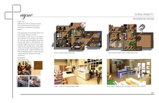 RESIDENTIAL DESIGN 
FIRST FLOOR FURNITURE PLAN 
OBJECTIVE: 
Develop two sets of design concepts, 
one current and one future for the 
lower level to welcome in an aging 
parent. 
15 
FIRST FLOOR KITCHEN & DINING AREA 
SCHOOL PROJECTS 
ACCESSIBLE LOWER LEVEL FURNITURE PLAN 
ACCESSIBLE LOWER LEVEL KITCHEN, GAME & FAMILY ROOM 
The lower level of the homeis where the 
Hahn family Matriarch resides. 
Accessibility is the focus in the layout 
and selection of furnishings and finish-es. 
Cork was used throughout except for 
the low pile carpet in the bedroom. Ad-justable 
heights are used in the kitchen, 
bedroom and storage areas. ADA water 
closet and shower stall, along with door 
and drawer pulls. Careful attention was 
paid to keeping patterns subtle and yet 
using contrast to distiguish flooring 
transitions. 
PROGRAMS: 
Revit, Photoshop. 

