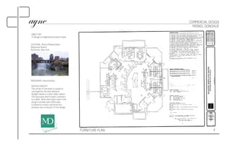 OBJECTIVE: 
To design a neighborhood branch bank . 
DESIGN CONCEPT: 
The center of the bank is a jewel as 
portrayed by the blue diamond 
skylight above a custom teller station. 
The quousque directs bank customers 
to a teller. Bank executives wait in the 
wings in private open office plan. 
Conference centers and drive thru 
windows are a vital part of the design. 
FURNITURE PLAN 
COMMERCIAL DESIGN 
LOCATION: Marine Midland Bank 
Baytowne Branch 
Rochester, New York 
MERKEL DONOHUE 
PROGRAMS: Hand Drafted 
7 
 