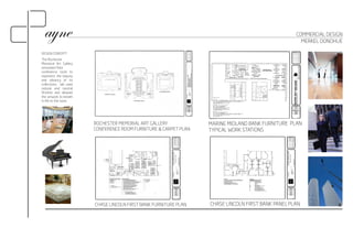 ROCHESTER MEMORIAL ART GALLERY 
CONFERENCE ROOM FURNITURE & CARPET PLAN 
COMMERCIAL DESIGN 
MERKEL DONOHUE 
MARINE MIDLAND BANK FURNITURE PLAN 
TYPICAL WORK STATIONS 
CHASE LINCOLN FIRST BANK FURNITURE PLAN CHASE LINCOLN FIRST BANK PANEL PLAN 
The Rochester 
Memorial Art Gallery 
renovated their 
conference room to 
represent the beauty 
and vibrancy of its 
collections. We used 
natural and neutral 
finishes and allowed 
the artwork to breath 
in life to the room. 
9 
DESIGN CONCEPT: 
 