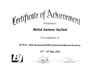 Mohammad Azman Bin Salleh - BJ - SFT814 Risk Assessment, HPS Awareness, Manual Handling