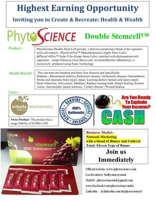 Double Stemcell™
Product:-
Health Benefit:-
Facts:-
PhytoScience Double Stem Cell powder, a delicious proprietary blend of the signature
stem cell extracts - PhytoCellTec™ MalusDomestica (Apple Stem Cells)
&PhytoCellTec™ Solar Vitis (Grape Stem Cells), enriched with phytonutrient-rich
superstars – uterpe Oleracea (Acai Berry) and acciniumMyrtilus (Blueberry), is
exclusively produced using Nano Technology
This can treat one hundred and thirty four diseases and specifically:
Diabetes ; Rheumatoid arthritis; Parkinson's disease; Alzheimer's disease; Osteoarthritis;
Stroke and traumatic brain injury repair; Learning defects Spinal cord injury repair;
Heart infarction; Anti-cancer; Baldness; Replace missing teeth; Repair hearing; Restore
vision; Amyotrophic lateral sclerosis; Crohn's disease ; Wound healing
Business Model:-
Network Marketing
with a blend of Binary and Unilevel
Total: Eleven Type of Bonus
Join us
Immediately
Highest Earning Opportunity
Inviting you to Create & Recreate: Health & Wealth
Swiss Product: The product has a
usage liability of $10Mn USD.
 