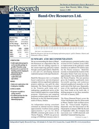 January 3, 2003
THE SOURCE OF INDEPENDENT EQUITY RESEARCH™
Analyst: Ron Wortel, MBA, P.Eng.
Independent Equity Research Corp. 130 Adelaide St. W, Suite 2215, Toronto Ont., Canada M5H 3P5, www.eresearch.ca
Band-Ore Resources Ltd.
Recent Price $0.57
Symbol BAN:TSX
Shares O/S 29.9 million
52 Wk. Range $0.85-$0.35
Fiscal Year End Dec. 31
EPS CFPS
2000 $(0.02) $(0.01)
2001 (0.04) (0.01)
2002e n.a. n.a.
2003e n.a. n.a.
eResearch
Data Source: www.wallstreetcity.com
Recommendation
Speculative Buy
Target Price
$1.05
Risk
High
Ave.MonthlyTradingVol.
495,275
Quick Facts
STRENGTHS
• Goldexplorationproperty
on favourable geology in
prolific Timmins camp
• Kennecott as a partner in
fundinganddevelopingits
diamondproperty
• Wellfundedfor
explorationand
operations
RISKS
• Inherent exploration risk
• Goldpricevolatility
CONCLUSION
• Exposuretogoldina
rising market
• Excellent partner for the
developmentoftheir
diamondproperty
We are recommending the shares of Band-
Ore Resources as a Speculative Buy for
investors who are seeking exposure to
the current improving gold price market
through a junior gold explorer. Band-Ore
is also part of a developing diamond
exploration project with major Kennecott.
Band-Ore Resources Ltd. is a Canadian
based exploration and development
company with two significant exploration
projects underway, one gold the other
diamonds. The Thorne Project is located
in the Timmins gold camp and is
undergoing a geophysical survey at this
time to identify targets for a winter drilling
program. Exploration and sampling
programs continue under the direction of
Kennecott on the GQ diamond property
north of Wawa, Ontario.
An independent mining consultant
estimated an inferred resource totaling
approximately 4 million tonnes grading
approximately 3 g/t Au for about
400,000 contained gold ounces on the
Thorne Property. If BAN was given an
average of US$20 per resource ounce it
would represent a potential market value
of close to C$13.2 million. Every US$5/
oz improvement in the gold price could
translate to an addition C$3 million value
for the Thorne resources. Band-Ore
recently re-interpreted the location of the
Porcupine Destor Fault zone moving it
approximately 1 km south and still within
the Thorne Property. This new position
gives the Company significantly more
favourable geology and numerous
untested geophysical anomalies on the
north side of the fault zone. Regionally,
most of the significant gold deposits
have been found on the north side. A
drilling program to test these anomalies
will start in January 2003.
The Wawa Diamond Project covers the
39 km2
GQ Property that lies 20 km north
of Wawa, Ontario with excellent access
from the Trans-Canada Highway.
Diamonds were first discovered on the
GQ property in January 2000. By the end
of September 2001, the Company had
recovered over 13,000 diamonds and
identified 5 diamond-bearing areas.
Continued on page 2...
SUMMARY AND RECOMMENDATION
0 .0
0 .5
1 .0
1 .5
2 .0
2 .5
3 .0
3 .5
Dec-97
Feb-98
Apr-98
Jun-98
Aug-98
Oct-98
Dec-98
Feb-99
Apr-99
Jun-99
Aug-99
Oct-99
Dec-99
Feb-00
Apr-00
Jun-00
Aug-00
Oct-00
Dec-00
Feb-01
Apr-01
Jun-01
Aug-01
Oct-01
Dec-01
Feb-02
Apr-02
Jun-02
Aug-02
Oct-02
Dec-02
Millions
$0.00
$0.50
$1.00
$1.50
$2.00
$2.50
Band-Ore Resources Ltd. has two developing exploration projects: gold in Timmins, Ontario and
Diamonds in Wawa, Ontario
 