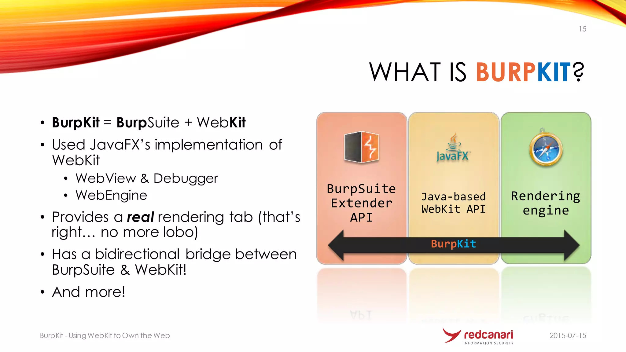 WHAT IS BURPKIT?
• BurpKit = BurpSuite + WebKit
• Used JavaFX’s implementation of
WebKit
• WebView & Debugger
• WebEngine
• Provides a real rendering tab (that’s
right… no more lobo)
• Has a bidirectional bridge between
BurpSuite & WebKit!
• And more!
BurpSuite
Extender-
API
Java4based-
WebKit API
Rendering-
engine
2015-07-15BurpKit - UsingWebKit to Own the Web
15
BurpKit
 