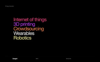 2013 Act as one
5 key trends
Internet of things
3D printing
Crowdsourcing
Wearables
Robotics
 
