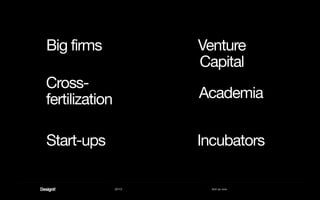 2013 Act as one
Academia
Venture
Capital
Incubators
Big firms
Start-ups
Cross-
fertilization
 