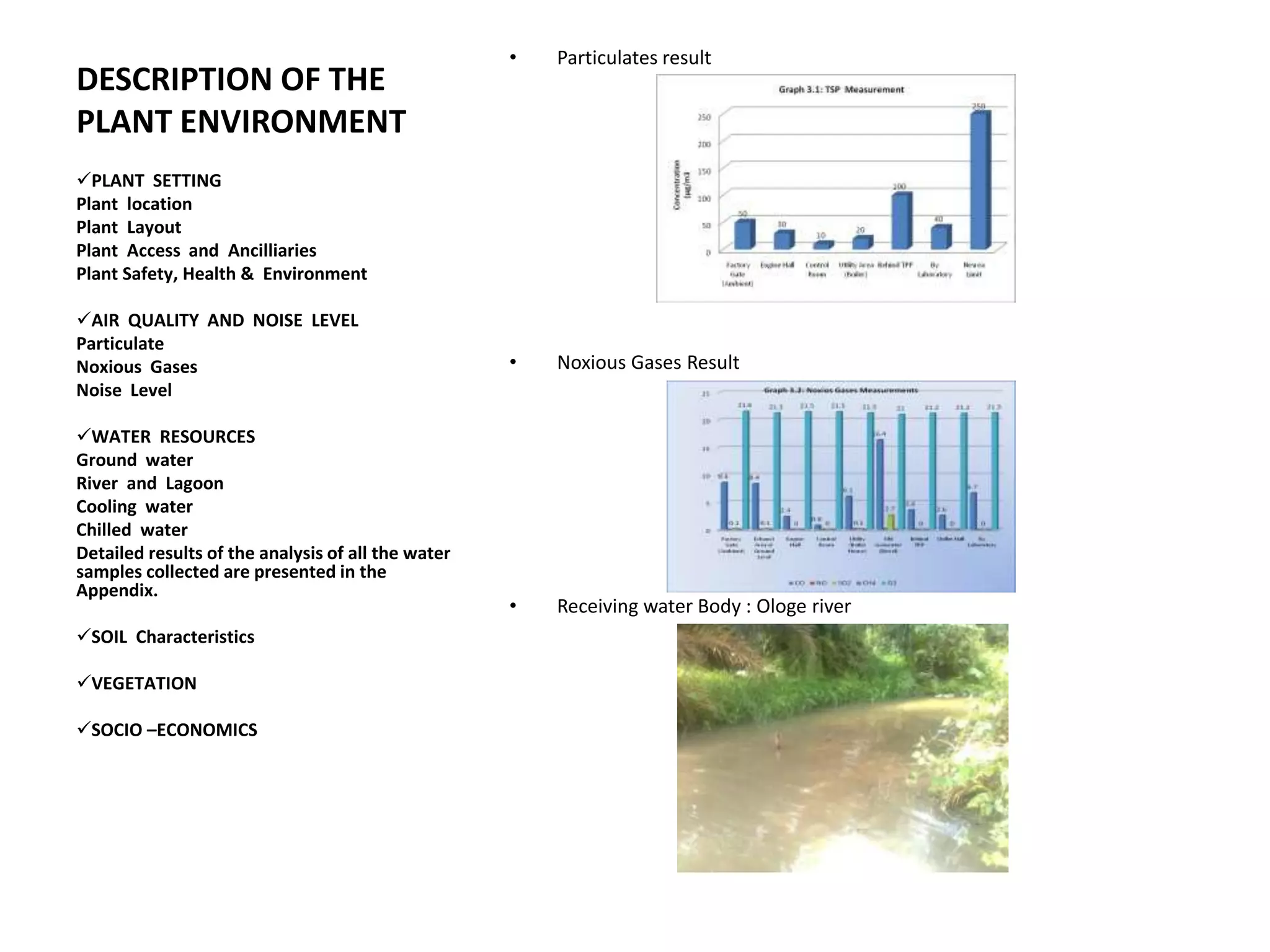 DESCRIPTION OF THE
PLANT ENVIRONMENT
• Particulates result
• Noxious Gases Result
• Receiving water Body : Ologe river
PLANT SETTING
Plant location
Plant Layout
Plant Access and Ancilliaries
Plant Safety, Health & Environment
AIR QUALITY AND NOISE LEVEL
Particulate
Noxious Gases
Noise Level
WATER RESOURCES
Ground water
River and Lagoon
Cooling water
Chilled water
Detailed results of the analysis of all the water
samples collected are presented in the
Appendix.
SOIL Characteristics
VEGETATION
SOCIO –ECONOMICS
 