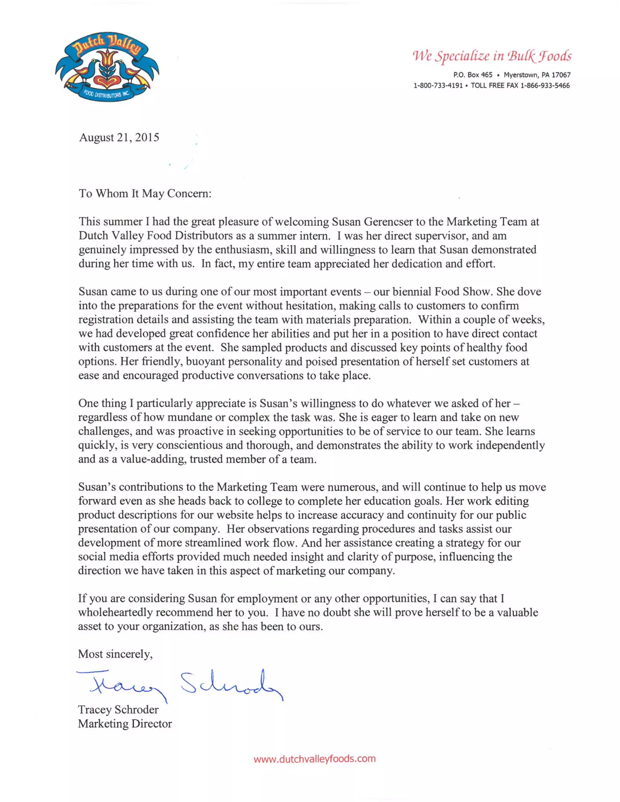 Letter of Recommendation from Tracey Schroder - Dutch Valley Foods | PDF