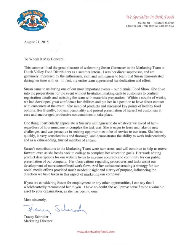 Letter of from Tracey Schroder Dutch Valley Foods