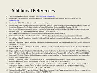 Additional References
1) TOP Herbals (2015, March 3) Retrieved from http://top-herbals.com
2) Institute for Safe Medication Practices, “America’s Medicine Cabinet” presentation. (Accessed 2014, Dec. 10)
www.ismp.org
3) Healthy.Net (2015, March 2) Retrieved from www.healthy.net
4) Natural Medicines Comprehensive Database: Unbiased, Scientific Clinical Information on Complementary, Alternative, and
Integrative Therapies. The Perioperative Use of Natural Medicines. (Referenced 2015, February 12-14)
http://naturaldatabase.therapeuticresearch.com/ce/ceCourse.aspx?s=ND&cs=UFL&pc=12-102&cec=1&pm=5#references
5) Health in Aging.Org “Herbal Remedies Topic Review” ( 2015, February 13)
http://www.healthinaging.org/resources/resource:herbal-remedies-ask-the-experts
6) Natural Standard: The Authority on Integrative Medicine. https://naturalmedicines.therapeuticresearch.com/
7) Ge B, Zhang Z, Zuo Z. Updates on the clinical evidenced herb-warfarin interactions. Evid Based Complement Alternat Med.
2014: 957362
8) Heck AM, DeWitt BA, Lukes AL. Potential interactions between alternative therapies and warfarin. Am J Health Syst Pharm.
2000 Jul 1;57(13):1221-7.
9) Newall CA, Anderson LA, Phillipson JD. Herbal Medicines: A Guide for Health-Care Professionals, The Pharmaceutical Press,
London 1996, p.283.
10) Hajjar ER, Gray SL, Guay DR, Starner CI, Handler SM, Hanlon JT. Chapter 11. Geriatrics. In: Talbert RL, DiPiro JT, Matzke GR,
Posey LM, Wells BG, Yee GC, eds. Pharmacotherapy: A Pathophysiologic Approach. 8th ed. New York: McGraw-Hill; 2011
11) Rozenfeld V, Crain JL, Callahan AK. Possible augmentation of warfarin effect by glucosamine-chondroitin. Am J Health Syst
Pharm. 2004 Feb 1;61(3):306-7.
12) Cooper K1, Squires H, Carroll C, Papaioannou D, et al. Chemoprevention of colorectal cancer: systematic review and
economic evaluation. Health Technol Assess. 2010 Jun;14(32):1-206. doi: 10.3310/hta14320.
13) C. L. Ventola, “Current issues regarding complementary and alternative medicine (CAM) in the United States—part 1: the
widespread use of CAM and the need for better-informed health care professionals to provide patient counseling,”
Pharmacy and Therapeutics, vol. 35, no. 8, pp. 461–468, 2010.
14) SecondsCount.Org, SCAI™ ‘My Med Minder” Dose Chart Template. http://www.secondscount.org/heart-resources/heart-
resources-detail-2/secondscounts-med-minder#.VQBKENLF_WJ
 