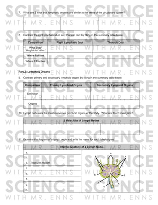 7. What are 3 ways that lymphatic vessels are similar to the veins of the circulatory system?
8. Contrast the right lymphatic duct and thoracic duct by filling in the summary table below.
Comparison Right Lymphatic Duct Thoracic Duct
What Body
Region It Drains
Where It Arises
Where It Empties
Part 2: Lymphatic Organs
9. Contrast primary and secondary lymphoid organs by filling in the summary table below.
Comparison Primary Lymphoid Organs Secondary Lymphoid Organs
Definition
Organs
10. Lymph nodes are the most numerous lymphoid organs of the body. What are their 3 main jobs?
3 Main Jobs of Lymph Nodes
11. Examine the diagram of a lymph node and write the name for each labeled part.
Internal Anatomy of a Lymph Node
a.
b.
c. (concave region)
d.
e.
f.
g.
h.
 