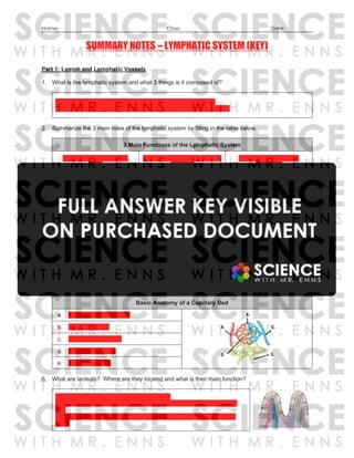 Name: Class: Date:
SUMMARY NOTES – LYMPHATIC SYSTEM (KEY)
Part 1: Lymph and Lymphatic Vessels
1. What is the lymphatic system and what 3 things is it composed of?
The lymphatic system is a subsystem of the circulatory system
It is a (sophisticated) network of lymphatic fluid, vessels, and organs
2. Summarize the 3 main roles of the lymphatic system by filling in the table below.
3 Main Functions of the Lymphatic System
Return excess fluid to the
blood
Absorb and transport fats from
digestion
Defend against harmful
pathogens
3. What is lymph and where does it come from?
Lymph is a clear to faintly yellow fluid (similar to blood plasma)
Lymph comes from blood plasma as it leaves blood capillaries and enters the interstitial space
Excess fluid enters lymphatic capillaries and is then called lymph
Or equivalent
4. Fill in the table below to state the 3 types of lymphatic vessels according to size.
3 Types of Lymphatic Vessels
Smallest Lymphatic capillaries Lymphatic vessels Lymphatic ducts Largest
5. Examine the diagram of a typical capillary bed and write the name for each labeled part.
Basic Anatomy of a Capillary Bed
a. arteriole (accept: artery)
b. (blood) capillary
c. venule (accept: vein)
d. lymphatic capillary
e. lymphatic vessel
6. What are lacteals? Where are they located and what is their main function?
Lacteals are specialized lymphatic capillaries
They are located in folds of the inner lining of the small intestine (called
villi)
Lacteals absorb fats and fat-soluble vitamins and transport them to the
blood
 