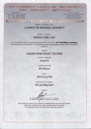 Liquid Penetrant inspection Certificate