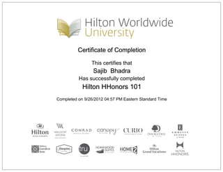 Certificate of Completion
This certifies that
Sajib Bhadra
Has successfully completed
Hilton HHonors 101
Completed on 9/26/2012 04:57 PM Eastern Standard Time
 
