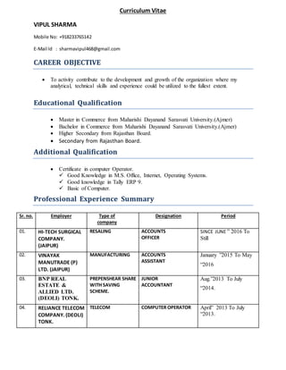 Curriculum Vitae
VIPUL SHARMA
Mobile No: +918233765142
E-Mail Id : sharmavipul468@gmail.com
CAREER OBJECTIVE
 To activity contribute to the development and growth of the organization where my
analytical, technical skills and experience could be utilized to the fullest extent.
Educational Qualification
 Master in Commerce from Maharishi Dayanand Sarasvati University.(Ajmer)
 Bachelor in Commerce from Maharishi Dayanand Sarasvati University.(Ajmer)
 Higher Secondary from Rajasthan Board.
 Secondary from Rajasthan Board.
Additional Qualification
 Certificate in computer Operator.
 Good Knowledge in M.S. Office, Internet, Operating Systems.
 Good knowledge in Tally ERP 9.
 Basic of Computer.
Professional Experience Summary
Sr. no. Employer Type of
company
Designation Period
01. HI-TECH SURGICAL
COMPANY.
(JAIPUR)
RESALING ACCOUNTS
OFFICER
SINCE JUNE ” 2016 To
Still
02. VINAYAK
MANUTRADE (P)
LTD. (JAIPUR)
MANUFACTURING ACCOUNTS
ASSISTANT
January ”2015 To May
“2016
03. BNP REAL
ESTATE &
ALLIED LTD.
(DEOLI) TONK.
PREPENSHEAR SHARE
WITH SAVING
SCHEME.
JUNIOR
ACCOUNTANT
Aug.”2013 To July
“2014.
04. RELIANCE TELECOM
COMPANY. (DEOLI)
TONK.
TELECOM COMPUTER OPERATOR April” 2013 To July
“2013.
 