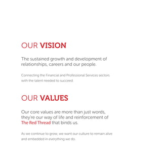 OUR VALUES
Our core values are more than just words,
they're our way of life and reinforcement of
The Red Thread that binds us.
As we continue to grow, we want our culture to remain alive
and embedded in everything we do.
The sustained growth and development of
relationships, careers and our people.
Connecting the Financial and Professional Services sectors
with the talent needed to succeed.
OUR VISION
 