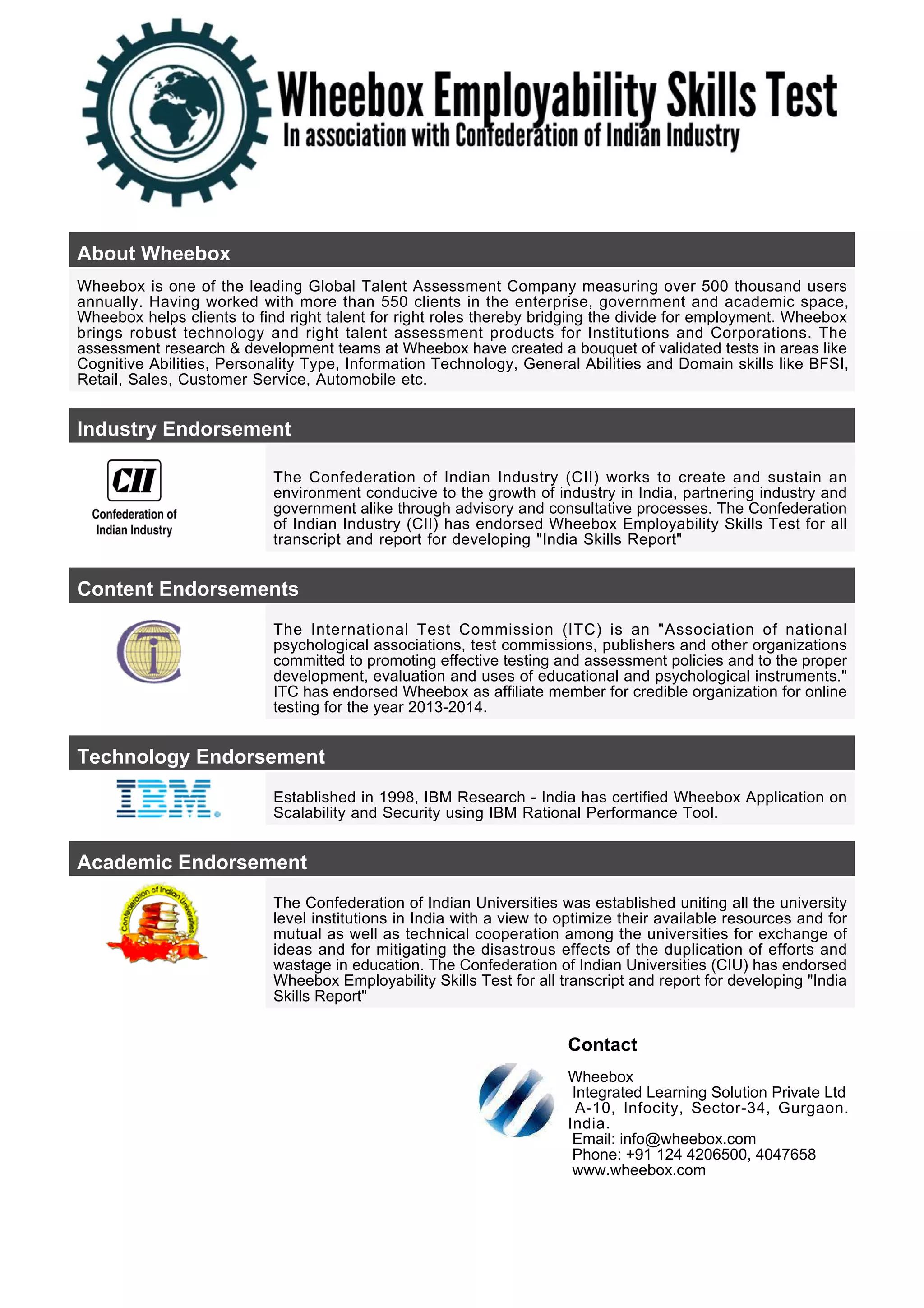 About Wheebox
Wheebox is one of the leading Global Talent Assessment Company measuring over 500 thousand users
annually. Having worked with more than 550 clients in the enterprise, government and academic space,
Wheebox helps clients to find right talent for right roles thereby bridging the divide for employment. Wheebox
brings robust technology and right talent assessment products for Institutions and Corporations. The
assessment research & development teams at Wheebox have created a bouquet of validated tests in areas like
Cognitive Abilities, Personality Type, Information Technology, General Abilities and Domain skills like BFSI,
Retail, Sales, Customer Service, Automobile etc.
Industry Endorsement
The Confederation of Indian Industry (CII) works to create and sustain an
environment conducive to the growth of industry in India, partnering industry and
government alike through advisory and consultative processes. The Confederation
of Indian Industry (CII) has endorsed Wheebox Employability Skills Test for all
transcript and report for developing "India Skills Report"
Content Endorsements
The International Test Commission (ITC) is an "Association of national
psychological associations, test commissions, publishers and other organizations
committed to promoting effective testing and assessment policies and to the proper
development, evaluation and uses of educational and psychological instruments."
ITC has endorsed Wheebox as affiliate member for credible organization for online
testing for the year 2013-2014.
Technology Endorsement
Established in 1998, IBM Research - India has certified Wheebox Application on
Scalability and Security using IBM Rational Performance Tool.
Academic Endorsement
The Confederation of Indian Universities was established uniting all the university
level institutions in India with a view to optimize their available resources and for
mutual as well as technical cooperation among the universities for exchange of
ideas and for mitigating the disastrous effects of the duplication of efforts and
wastage in education. The Confederation of Indian Universities (CIU) has endorsed
Wheebox Employability Skills Test for all transcript and report for developing "India
Skills Report"
Contact
Wheebox
Integrated Learning Solution Private Ltd
A-10, Infocity, Sector-34, Gurgaon.
India.
Email: info@wheebox.com
Phone: +91 124 4206500, 4047658
www.wheebox.com
 