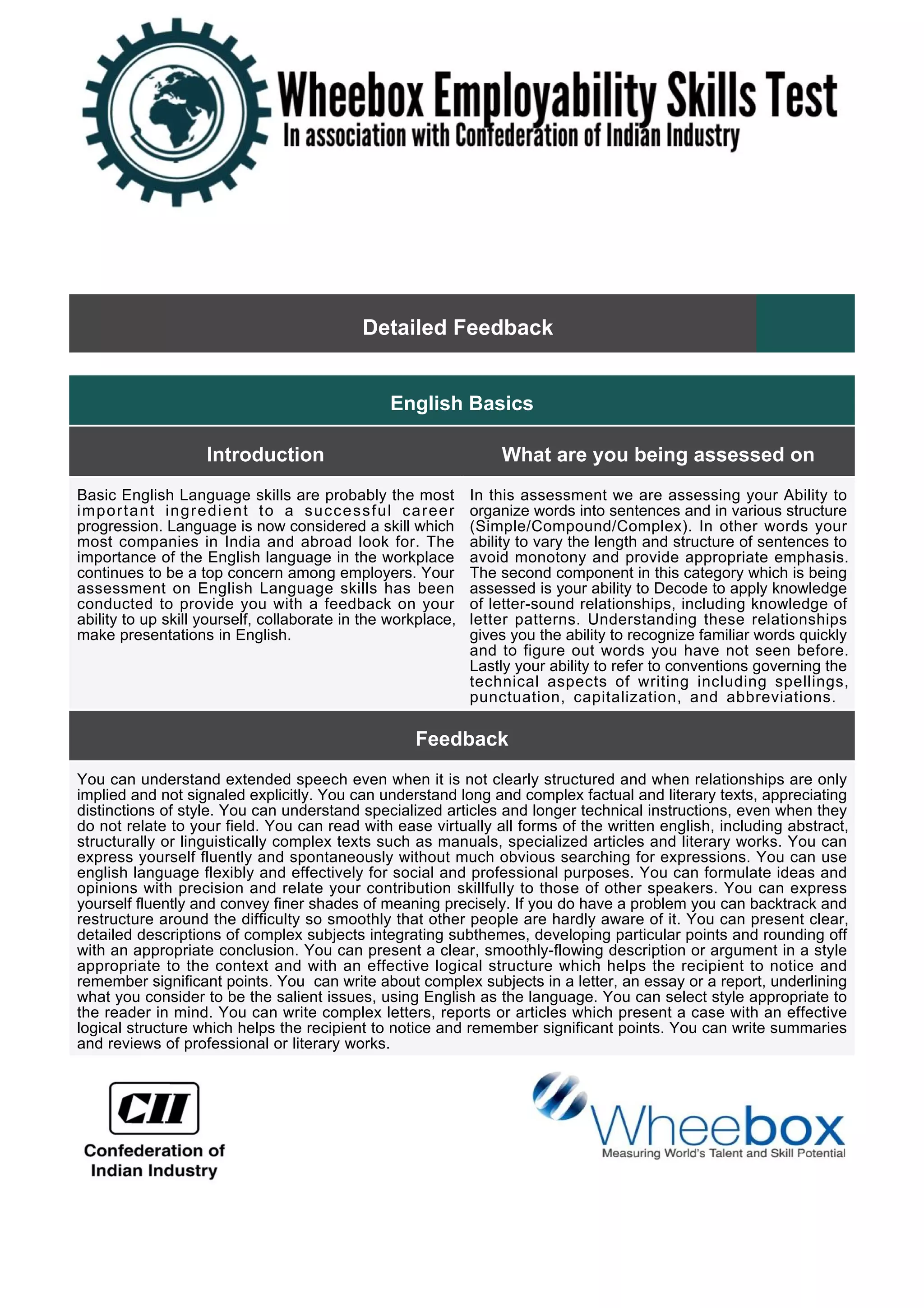 Detailed Feedback
English Basics
Introduction What are you being assessed on
Basic English Language skills are probably the most
important ingredient to a successful career
progression. Language is now considered a skill which
most companies in India and abroad look for. The
importance of the English language in the workplace
continues to be a top concern among employers. Your
assessment on English Language skills has been
conducted to provide you with a feedback on your
ability to up skill yourself, collaborate in the workplace,
make presentations in English.
In this assessment we are assessing your Ability to
organize words into sentences and in various structure
(Simple/Compound/Complex). In other words your
ability to vary the length and structure of sentences to
avoid monotony and provide appropriate emphasis.
The second component in this category which is being
assessed is your ability to Decode to apply knowledge
of letter-sound relationships, including knowledge of
letter patterns. Understanding these relationships
gives you the ability to recognize familiar words quickly
and to figure out words you have not seen before.
Lastly your ability to refer to conventions governing the
technical aspects of writing including spellings,
punctuation, capitalization, and abbreviations.
Feedback
You can understand extended speech even when it is not clearly structured and when relationships are only
implied and not signaled explicitly. You can understand long and complex factual and literary texts, appreciating
distinctions of style. You can understand specialized articles and longer technical instructions, even when they
do not relate to your field. You can read with ease virtually all forms of the written english, including abstract,
structurally or linguistically complex texts such as manuals, specialized articles and literary works. You can
express yourself fluently and spontaneously without much obvious searching for expressions. You can use
english language flexibly and effectively for social and professional purposes. You can formulate ideas and
opinions with precision and relate your contribution skillfully to those of other speakers. You can express
yourself fluently and convey finer shades of meaning precisely. If you do have a problem you can backtrack and
restructure around the difficulty so smoothly that other people are hardly aware of it. You can present clear,
detailed descriptions of complex subjects integrating subthemes, developing particular points and rounding off
with an appropriate conclusion. You can present a clear, smoothly-flowing description or argument in a style
appropriate to the context and with an effective logical structure which helps the recipient to notice and
remember significant points. You can write about complex subjects in a letter, an essay or a report, underlining
what you consider to be the salient issues, using English as the language. You can select style appropriate to
the reader in mind. You can write complex letters, reports or articles which present a case with an effective
logical structure which helps the recipient to notice and remember significant points. You can write summaries
and reviews of professional or literary works.
 