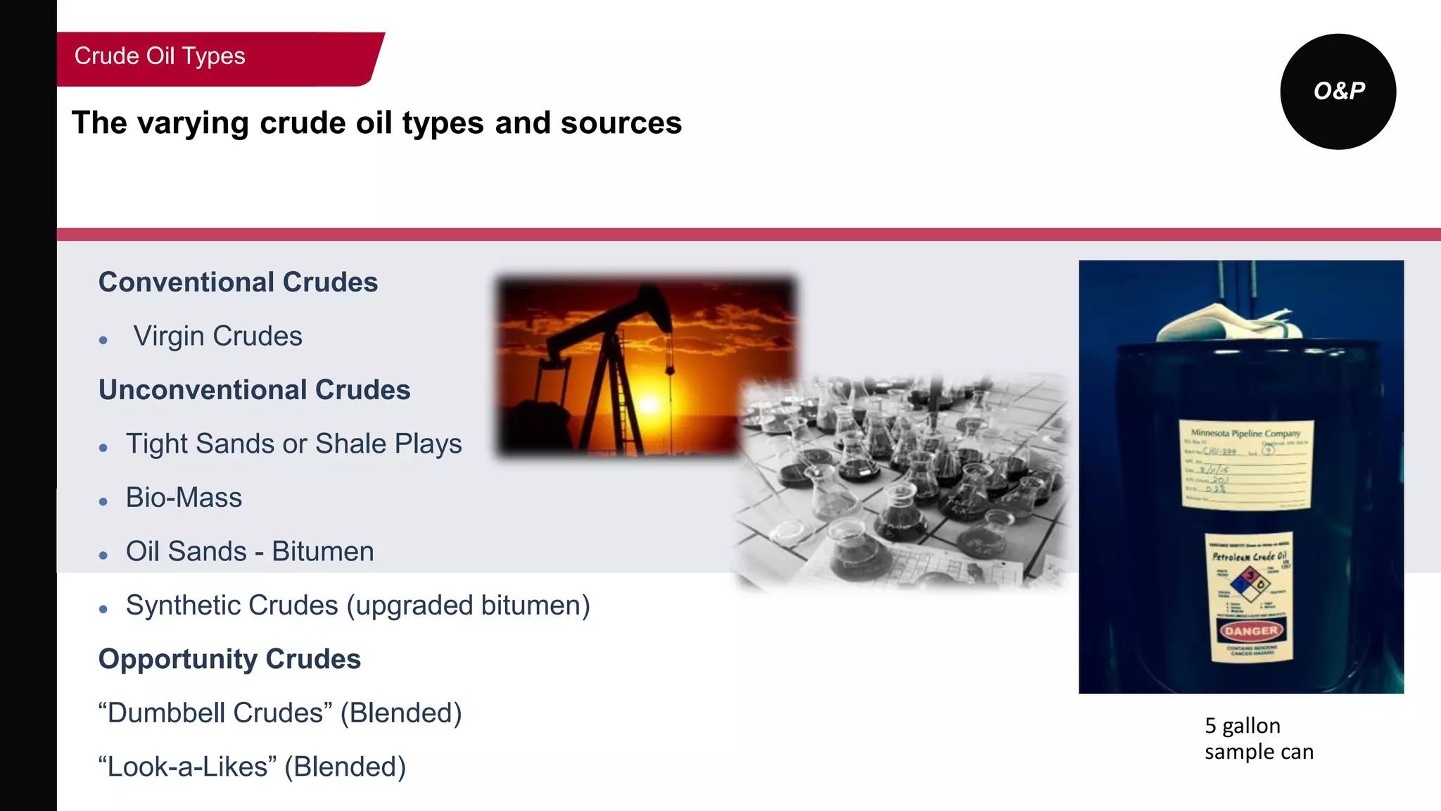 O&P
The varying crude oil types and sources
Crude Oil Types
Conventional Crudes
 Virgin Crudes
Unconventional Crudes
 Tight Sands or Shale Plays
 Bio-Mass
 Oil Sands - Bitumen
 Synthetic Crudes (upgraded bitumen)
Opportunity Crudes
“Dumbbell Crudes” (Blended)
“Look-a-Likes” (Blended)
5 gallon
sample can
 
